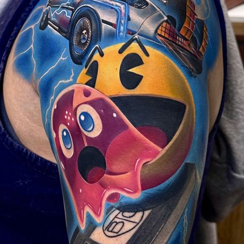 Pac-Man and time machine car color tattoo